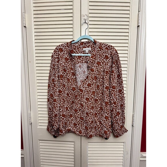TREASURE & BOND Brown & Beige Shirred Floral V-neck Blouse w Shirt Tail Sz 3X - Picture 1 of 6